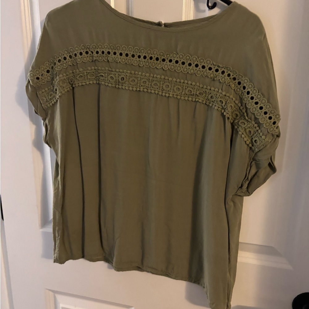 SHEIN Sage Green Eyelet Trim Accent Blouse